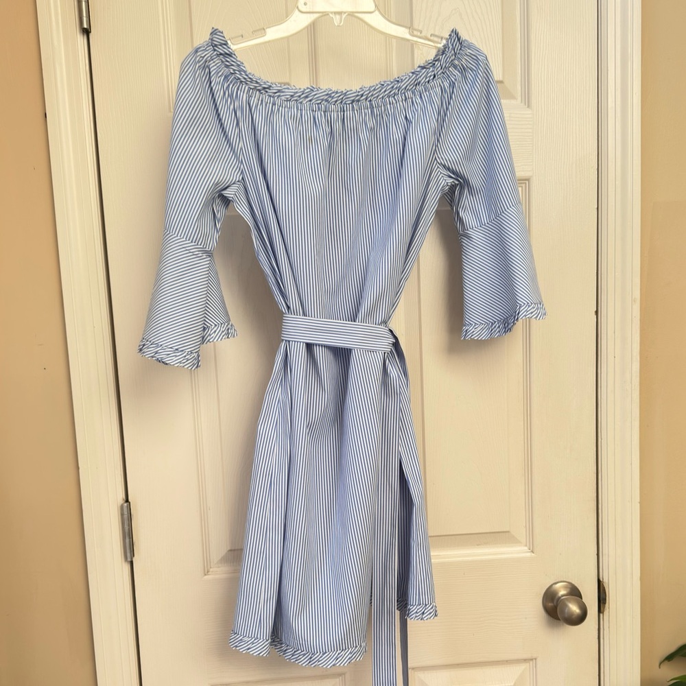 Striped Off-Shoulder Mini Dress with Tie Belt - Light Blue